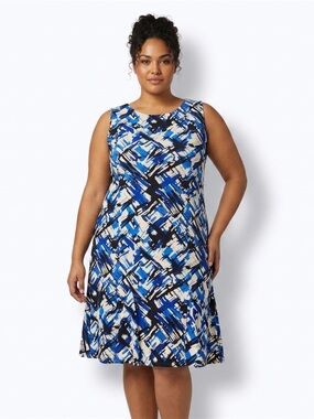 Elegant Sleeveless Abstract Blue Print Midi Dress - 2XL